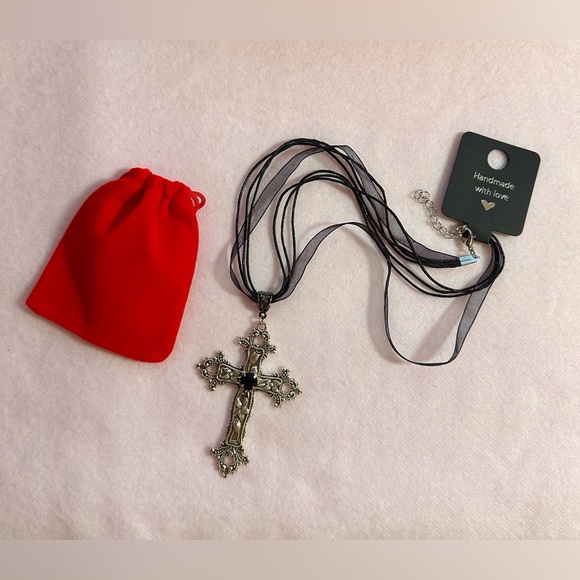 Gothic Cross Necklace Statement Floral Cross Pendant on a Black Ribbon Necklace. - Picture 7 of 9